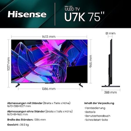 Hisense 75U7KQ 189cm (75 Zoll) Fernseher, 4K Mini LED ULED HDR Smart TV, Quantum Dot, 120Hz, HDMI 2.1, Game Mode Pro, Dolby Vision IQ & Atmos, Bluetooth, Alexa Built-in, Anthrazit [2023]