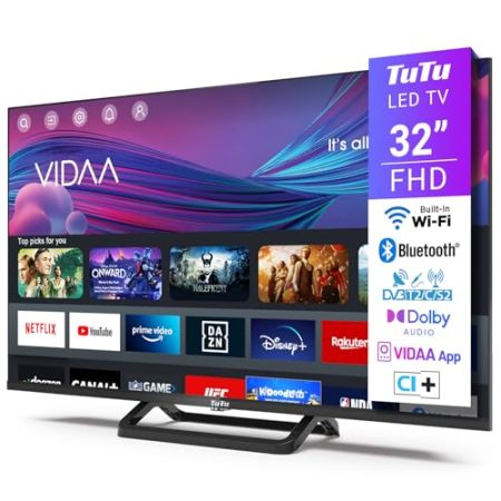 TuTu 32 Zoll Fernseher Full HD, VIDAA Smart TV mit WLAN, Bluetooth, App Store, Triple Tuner (DVB-T/T2, DVB-C, DVB-S/S2), HDMI, Mittelfuss [TUV32FN1B, 2024]