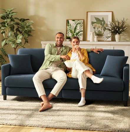 Welzona 211cm Sofa 3 Sitzer, Bequeme 3 Sitzer Sofas, Teddy Fleece Sofa Couch, Werkzeugfreier Aufbau Couches für Wohnzimmer, Ganzholz 3er Sitzsofa, Kleine Couch 2 Kissen inklusive, Blau Grau