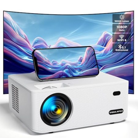 VISULAPEX Beamer 4k Unterstützt, Full HD 1080P Projektor mit WiFi 6 und Bluetooth Beamer, 200 Zoll, 18000L Beamer Heimkino, Kompatibel mit Handy/PC/TV Stick/DVD/Laptop