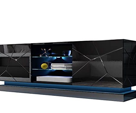 TV Lowboard Qiu, TV Schrank, griffloses Öffnen, Fernsehtisch, Lowboard, TV Tisch, Fernsehschrank, gedämpften Schließsystem, TV Bank (Modell: 160, Schwarz / Schwarz Hochglanz, mit LED Beleuchtung)