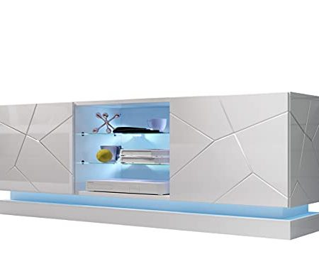 TV Lowboard Qiu, TV Schrank, griffloses Öffnen, Fernsehtisch, Lowboard, TV Tisch, Fernsehschrank, gedämpften Schließsystem TV Bank TV Möbel (Modell: 160, Weiß / Weiß Hochglanz, mit LED Beleuchtung)