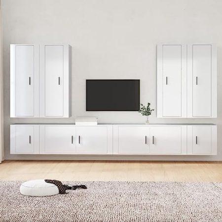THOYTOUI 8-TLG. TV-Schrank, Medienwand Fernseher Schrank Geschirrschrank TV Bank Geeignet für Küche Schlafzimmer Wohnung Wohnstube -Set Hochglanz-Weiß Holzwerkstoff