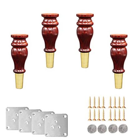 4 Stück Massivholz-Möbelbeine, Tischbeine aus Gummiholz, Ersatzbettfüße in Kürbisform, runde Sofabeine aus Holz, Küchenfüße, für Couch/Schrank/TV-Schreibtisch, Fußabdeckung aus Messing, mit Zubehör