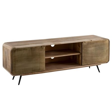 FineBuy Lowboard Mango Massivholz 160x55x41 cm TV-Kommode mit Zwei punzierten Türen, Design TV-Schrank Hoch, Fernsehtisch Fernsehschrank Modern, Fernsehkommode Wohnzimmer