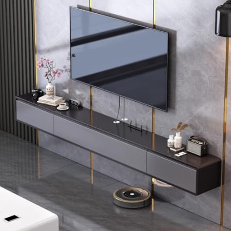 FPIGSHS TV Lowboard Hängend mit 2 Schublade, TV Board 120/160/180/200Cm, Modern TV Schrank mit Kabelmanagement, Wohnzimmer Hängeschrank Multimedia Wandregal (schwarz + grau, 180CM)