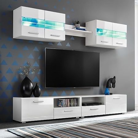 Youuihom TV-Tische, HiFi-Schränke, TV-Möbel, TV-Media-Konsole, 5-TLG. TV-Wohnwand-Set mit LED-Leuchten Hochglanz-Weiß Geeignet für Schlafsäle, Wohnungen, Villen, Schlafzimmer, Wohnzimmer, Stuben