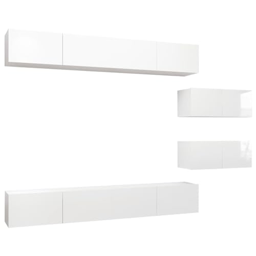 vidaXL TV Schrank Set 6-TLG. Wohnwand Anbauwand Wandschrank Schrankwand Hängeschrank HiFi-Schrank TV Möbel Fernsehschrank Lowboard Hochglanz-Weiß Holzwerkstoff