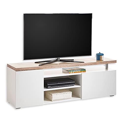 VIEW TV-Lowboard in Eiche Sonoma Optik, Weiß - Moderner TV Schrank mit Ablage und viel Stauraum für Ihr Wohnzimmer - 160 x 55 x 38 cm (B/H/T)