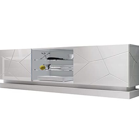 TV Lowboard Qiu, TV Schrank, griffloses Öffnen, Fernsehtisch, Lowboard, TV Tisch, Fernsehschrank, gedämpften Schließsystem, TV Bank, TV Möbel (Modell: 200, Weiß / Weiß Hochglanz, ohne Beleuchtung)