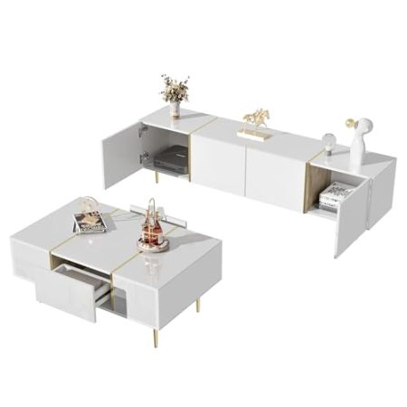 Generisch Modernes Hochglanz-TV-Schrank- und Couchtisch-Set mit Schubladenaufbewahrung, goldenen Beinen und goldenen Akzenten, weiß