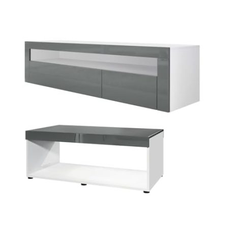 Vladon Wohnzimmer-Set Berlin, bestehend aus 1 TV-Board mit 1 offenem Fach und 2 Klappen und 1 Couchtisch, Weiß matt/Grau Hochglanz
