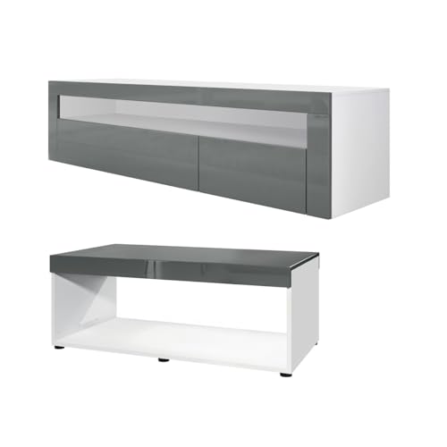 Vladon Wohnzimmer-Set Berlin, bestehend aus 1 TV-Board mit 1 offenem Fach und 2 Klappen und 1 Couchtisch, Weiß matt/Grau Hochglanz