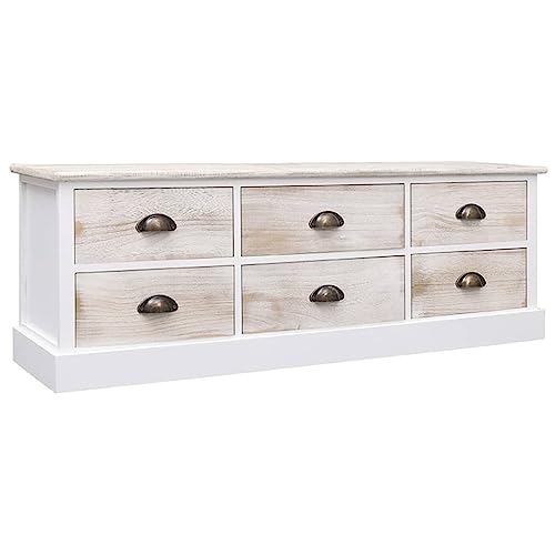 RAUGAJ TV-Schrank, Weiß & Hellbraun, 108 x 30 x 40 cm, Massivholz, Paulownia-Möbel