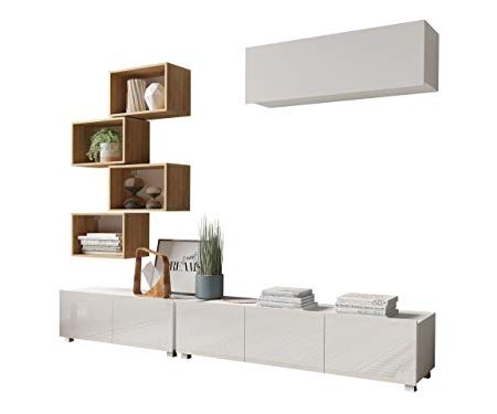 Wohnzimmer-Set Calabrini XXIX, Wohnwand Fernsehschrank Mediawand Anbauwand, 2X TV Schrank Hängeschrank Wandregal (Weiß/Weiß Hochglanz + Eiche Gold)