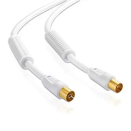 Antennenkabel | 10m | 75 Ohm | 100 db | 4fach geschirmt | Koax Stecker > Koax Kupplung | Koaxialkabel Anschlusskabel | TV HDTV Radio DVB-T DVB-T2 DAB | 2X Ferritkern | weiß | 10,0 Meter