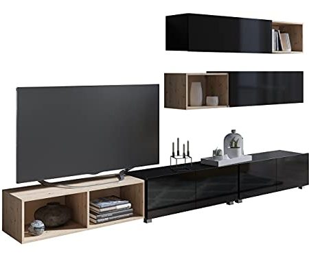 Wohnzimmer-Set Calabrini XXV, Wohnwand Anbauwand Fernsehschrank Mediawand Hängeschrank, TV Schrank, 2X Wandregal, Wohnzimmerschrank (Schwarz/Schwarz Hochglanz + Eiche Artisan)