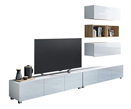 Wohnzimmer-Set Calabrini XXVII, Fernsehschrank Anbauwand Wohnwand Mediawand TV Schrank Hängeschrank Wandregal Wohnzimmerschrank (Weiß/Weiß Hochglanz + Eiche Gold)