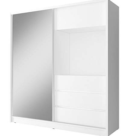 Furniture24 Schwebetürenschrank Tv 200, Kleiderschrank, Media Schrank, Schlafzimmerschrank mit Spiegel, Kleiderstange, 3 Schubladen und Tv Fach (Weiß)