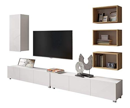 Wohnwand Calabrini XXXVI, Mediawand, Anbauwand, 2X TV Schrank, Hängeschrank, 3X Wandregal, Wohnzimmerschrank, Wohnzimmer-Set (Weiß/Weiß Hochglanz + Eiche Gold)