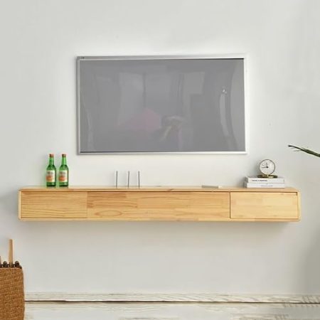 An der Wand montierte TV-Konsole, schwebender TV-Ständer, hängender TV-Schrank aus Holz, modernes Entertainment-Center, schmale TV-Ständer für das Wohnzimmer (Farbe: Log+White, Größe: 140 cm