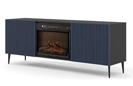 Homlando TV Schrank Ravenna 2D 170 cm mit elektrischem Kamin - Lowboard - Fernsehtisch - Sideboard - gefräster Front (Schwarz Matt/Blau)