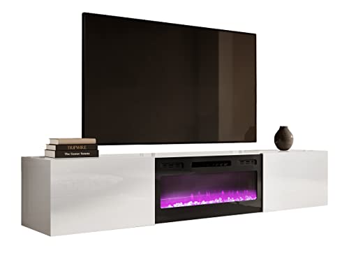 Mirjan24 TV Schrank mit Elektrischem Kamin Slide 200 Fernsehschrank TV Lowboard Griffloses Öffnen Hängeschrank Elektrischer Kamin, Heizung Realistische LED-Flamme (weiß/weiß Hochglan)