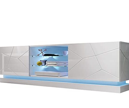 TV Lowboard Qiu, TV Schrank, griffloses Öffnen, Fernsehtisch, Lowboard, TV Tisch, Fernsehschrank, gedämpften Schließsystem TV Bank TV Möbel (Modell: 200, Weiß / Weiß Hochglanz, mit LED Beleuchtung)