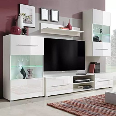 Homgoday TV-Schrank mit Vitrine, 5 Stück, weiße LED-Beleuchtung, TV-Schrank, niedriger TV-Schrank, industrieller Couchtisch, TV-Ständer für Wohnzimmer