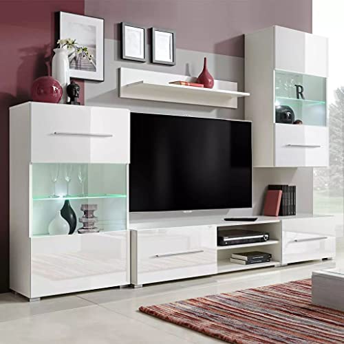 Homgoday TV-Schrank mit Vitrine, 5 Stück, weiße LED-Beleuchtung, TV-Schrank, niedriger TV-Schrank, industrieller Couchtisch, TV-Ständer für Wohnzimmer