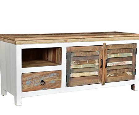 Woodkings® TV-Bank Perth weiß, 2türig, recyceltes Massivholz antik, TV-Unterschrank Vintage, Design TV-Möbel Schublade Holzmöbel