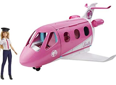 Barbie Flugzeug mit Pilotin Barbie Puppe, mit beweglichen Räder und 15x Barbie Zubehör inkl. Haustier und Trolley, in rosa, Spielzeug ab 3 Jahre, GJB33