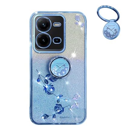 YUECXIN Hülle für Vivo V25 5G / Vivo X80 lite/V25E mit Glänzende Blumen Ring Ständer, Niedliche Bling Frauen Mädchen Handyhülle, Ultra Dünn Stoßfest Weich TPU Silikon Schutzhülle, Blau