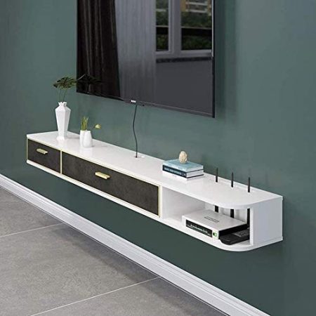ZYHHDP Schwebender Tv-Schrank Mit Schublade, Multimedia-Aufbewahrungsregal, Wandhalterung, Unterhaltungseinheit, Hölzerne Medienkonsole, Regale Zum Aufhängen, Tv-Schrank Für Kabelboxen, Router/White/1