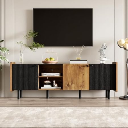 160 cm Schwarzer und Holzfarbener TV-Schrank – Moderner Stil mit DREI Türen und Zwei Offenen Fächern