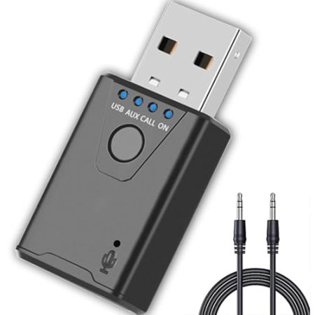 Aux Bluetooth Adapter, Auto Bluetooth 5.4 Empfänger Freisprechanruf, Stereo Musik, Dualer Kopplung mit 15 Stunden Spielzeit Klinke Bluetooth Adapter für Autoradio/Stereoanlage/Headset