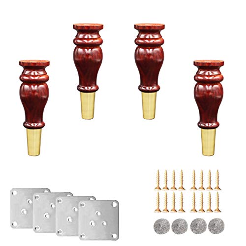 4 Stück Massivholz-Möbelbeine, Gummiholz-Tischbeine, kürbisförmige Ersatz-Bettfüße, runde Sofabeine aus Holz, Küchenfüße, für Couch/Schrank/TV-Schreibtisch, Fußabdeckung aus Messing, mit Zubehör