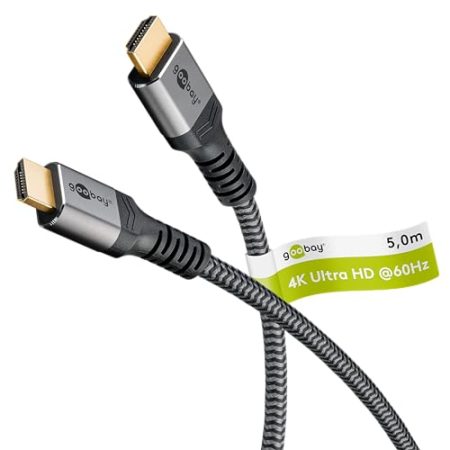 goobay High Speed 2.0 HDMI Kabel mit Ethernet - Vergoldete Stecker, Ultra HD Auflösungen bis zu 4K @ 50/60 Hz, HDMI für Laptop, PS5, Xbox, Apple TV 4K, Fernseher Zubehör - 5m Grau 64996