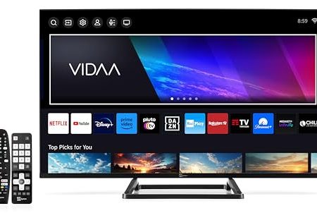 Tele System TS32FL SMV13 TV 32" Rahmenlos Smart Vidaa DVB-T2/S2 HEVC.Tivùsat HD Zertifiziert, inklusive CAM. HbbTV, TV-Pause, 2 Fernbedienungen. Ideal für Hotels und Residenzen mit SCR und Hotelmodus