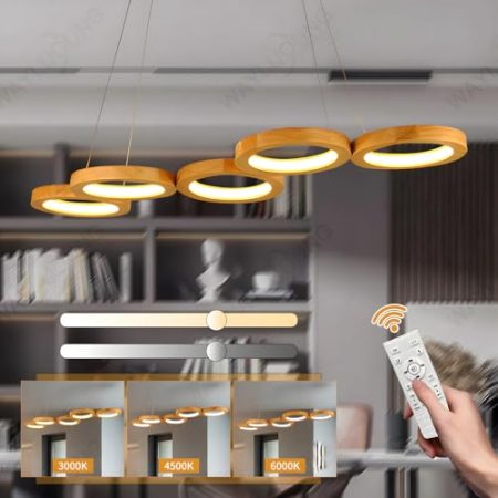 WayLuoung Wood-Led-Kronleuchter Deckenleuchte, Dimmbare 5 Ring Holzbeleuchtung, 3000-6000K, Einstellbare Kreis Anhängerlampe, Kücheninsel Esszimmer Wohnzimmer Foyer Hängen【91cm】