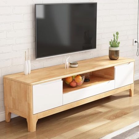 Tv Schrank Holz Abgerundete Ecken Mit 2 Großen Schubladen Und Offener Ablagefläche Verschiedene Ablagemöglichkeiten TV Lowboard 120 * 40 * 48CM(White)