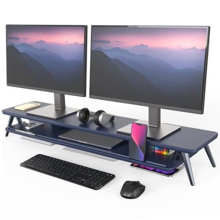 Fenge Dual Monitorständer mit Telefon/Pad Halter, 2 Etagen Groß Multifunktionaler Computer Laptop Bildschirm Riser 108x23,5x14,5cm Blau