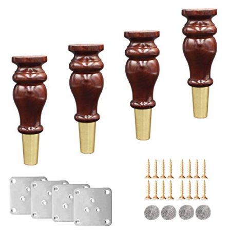 4 Stück Massivholz-Möbelbeine, Tischbeine aus Gummiholz, Ersatzbettfüße in Kürbisform, runde Sofabeine aus Holz, Küchenfüße, für Couch/Schrank/TV-Schreibtisch, Fußabdeckung aus Messing, mit Zubehör