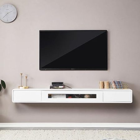 WNGJZZYC An der Wand Montierter TV Schrank, Fernsehschrank Komplett aus Massivholz, mit Glastüren, Fernsehtisch für Wohnzimmer und Schlafzimmer, Moderne TV Möbel(White,120x20x24cm/47x8x10in)