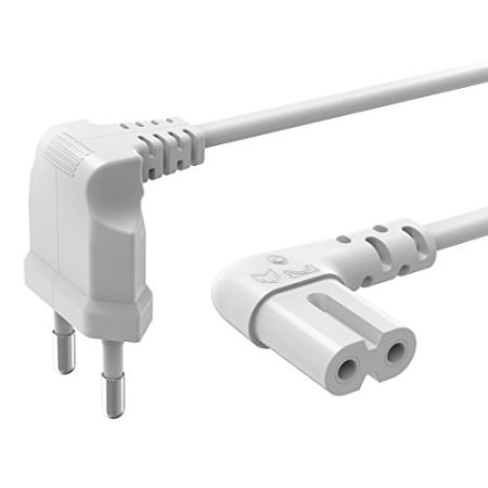 Hama Netzkabel mit flachem Eurostecker (Netzwerkkabel mit Kupplung und 2 poligem Stecker, beidseitig gewinkelt, Netzstecker mit Stromkabel für Laptop, Konsolen, Radios etc., 2,5 A, 230 V, 1,5 m) weiß
