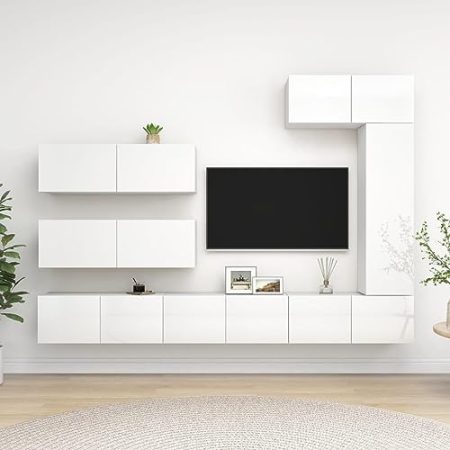 AJSEOYBS Tv Board,Tv Schrank HäNgend 7-TLG. Tv-Schrank-Set Hochglanz-Weiß Holzwerkstoffgeeignet Geeignet für Wohnzimmer, Schlafzimmer, Büro, Empfangsraum, Arbeitszimmer
