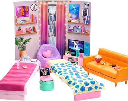 Barbie HDY77 - „Bühne frei für große Träume“ Schlafsaal Spielset mit 2 Betten, Sofa, Sitzsack, Schlafzimmermöbeln, Dekor und Zubehör, Geschenk für Kinder von 3 bis 7 Jahren