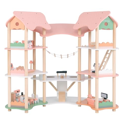 FANTASK Puppenhaus Holz, 85 cm Hoch Dollhouse 7 Zimmer mit 32 Möbeln und Zubehör, Puppenvilla mit Strickleiter, Puppenstube Geschenk für Mädchen ab 3 Jahren (Model 3)