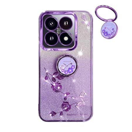 YUECXIN Hülle für Xiaomi 14T mit Glänzende Blumen Ring Ständer, Niedliche Bling Frauen Mädchen Handyhülle, Ultra Dünn Stoßfest Weich TPU Silikon Schutzhülle, Lila