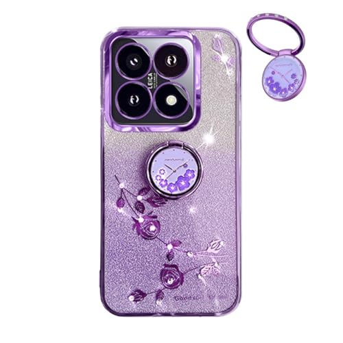 YUECXIN Hülle für Xiaomi 14T mit Glänzende Blumen Ring Ständer, Niedliche Bling Frauen Mädchen Handyhülle, Ultra Dünn Stoßfest Weich TPU Silikon Schutzhülle, Lila